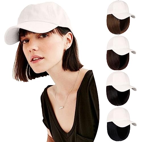 Baseball Cap Wig Hat Wig for Women White Baseball Cap with Black Bob Short Synthetic Hair Extensions Adjustable Daily Use Hat Wig von Generic