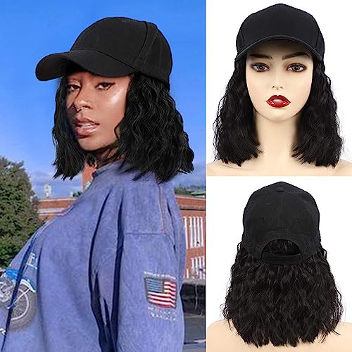 Baseball Cap Wig Hat Wig for Women White Baseball Cap with Bob Short Synthetic Hair Extensions Adjustable Daily Use Hat Wig (schwarz, Curly Black) von Generic