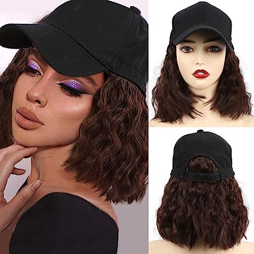 Baseball Cap Wig Hat Wig for Women White Baseball Cap with Bob Short Synthetic Hair Extensions Adjustable Daily Use Hat Wig (schwarz, Curly Brown) von Generic