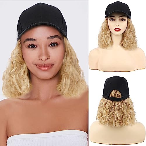 Baseball Cap Wig Hat Wig for Women White Baseball Cap with Bob Short Synthetic Hair Extensions Adjustable Daily Use Hat Wig (schwarz, Curly H613) von Generic