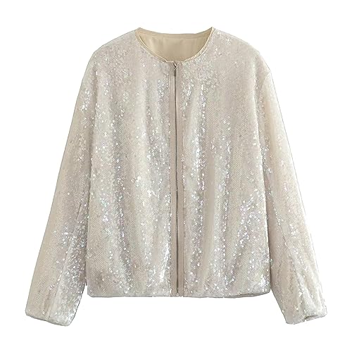 Baseball Jacke Damen Pailletten Reißverschluss Langarm Jacken Blazer Sakko Pailletten Blazer Jacke Elegant Kurz Sakko Rave Party Outwear Blazermantel Bomberjacke Bikerjacke Übergangsjacke von Generic