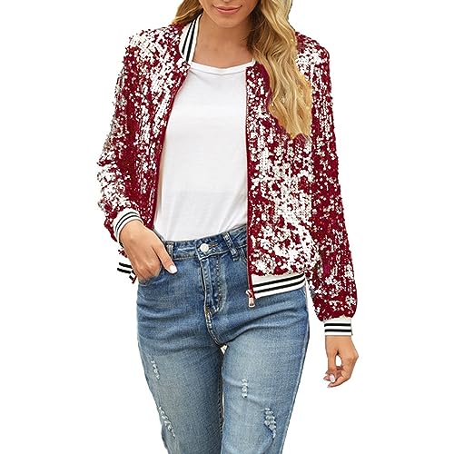 Baseball Jacke Damen Pailletten Reißverschluss Langarm Jacken Sakko Pailletten Jacke Elegant Kurz Sakko Rave Party Outwear Blazermantel Bomberjacke Bikerjacke Übergangsjacke (Z1-Red, L) von Generic