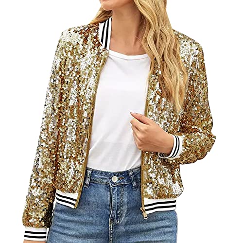 Baseball Jacke Damen Pailletten Reißverschluss Langarm Jacken mit Glitzer Bomberjacke Funkelnde Party Oberteil Outwear Blazermantel Bomberjacke Bikerjacke Übergangsjacke (Z2-Gold, M) von Generic