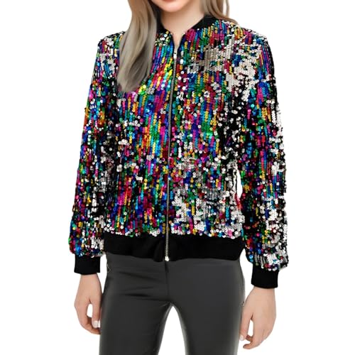 Baseball Jacke Damen Pailletten Reißverschluss Langarm Jacken mit Glitzer Bomberjacke Funkelnde Party Oberteil Outwear Blazermantel Bomberjacke Bikerjacke Übergangsjacke von Generic