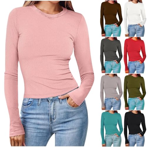 Basic Langarmshirt Damen Oversized - T-Shirt Gerippt Oberteile Einfarbig Unterziehshirt Slim Fit Blusenshirt Langarm Sportshirt Stretch Eng Unterhemden Klassischer Langarmshirts von Generic