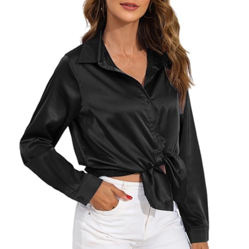 Basic Longsleeve Damen Satinblusen Für Damen Damen Oberteile Hawaii Bluse Damen Spitzen Oberteil Damen Langarmshirt Damen Set Langarm Damen Aesthetic Clothes Damen Black XXL von Generic