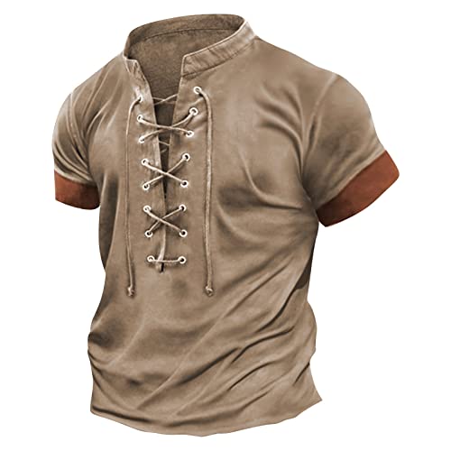 Basic Shirt Herren Hemd Weiss Herren Funktionsshirt V-Ausschnitt Einfarbiges Tunnelzug Henley Shirt Mittelalter Hemd Kurzarm Revers Trachtenhemd Compression Shirt (Khaki, 3XL) von Generic