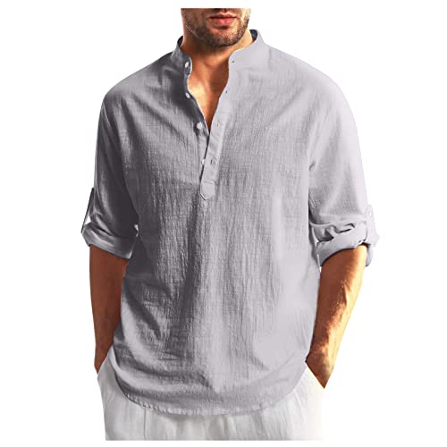 Batik Shirt Herren Arbeitshemden Herren Langarm Herren T Shirt Langarm Baumwolle Leinen T Shirt Lose Sommer Hemd Leinenhemd Lang Formelles Arbeitshemd Henley Freizeithemd Tshirt Männer Grau L von Generic