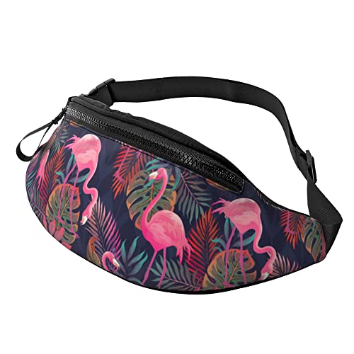 Bauchtasche für Damen und Herren mit Kopfhörerbuchse Sport Gürteltasche Black Line Stripe Cat Hüfttaschen zum Laufen, Dunkle tropische Pflanzen Flamingo, Einheitsgröße von Generic