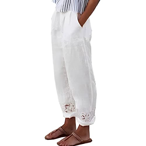 Bauchweg Hose Damen, mit Bündchen Freizeithose Stretch Baumwolle Elegant Kurzgröße Haremshose Leinenhose Lang Leicht und Luftig Sommer Große Größen Sommerhose Stoffhose von Generic