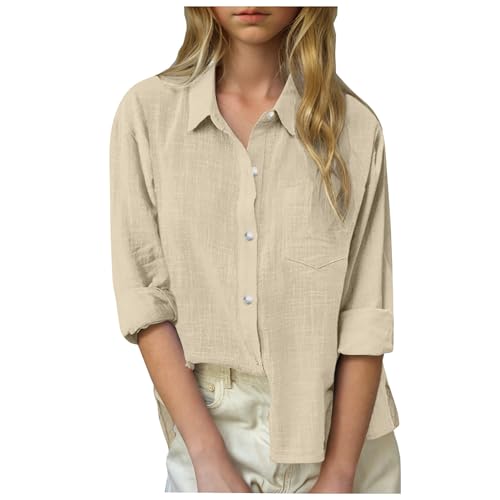 Baumwoll-Leinen-Hemden Für Mädchen übergroß Einfarbig Button-down-Bluse Chlid Formelle Schuluniform Lässige Tunika Hemd T-Shirts Solide Hemden Für Kinder Vintage-Shirt Basic-Bluse (Beige, 9-10 Years) von Generic