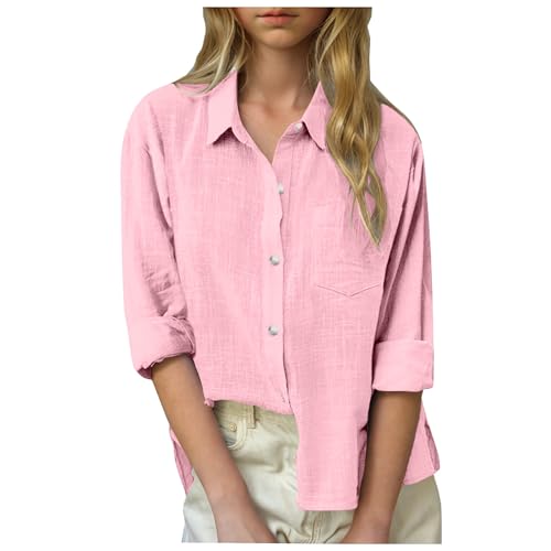 Baumwoll-Leinen-Hemden Für Mädchen übergroß Einfarbig Button-down-Bluse Chlid Formelle Schuluniform Lässige Tunika Hemd T-Shirts Solide Hemden Für Kinder Vintage-Shirt Basic-Bluse (Pink, 9-10 Years) von Generic