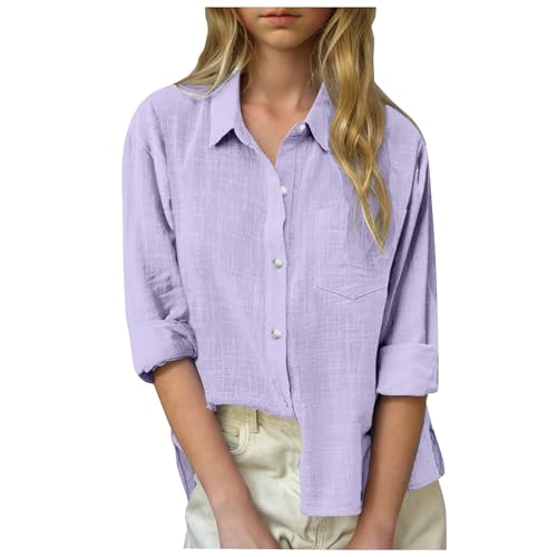 Baumwoll-Leinen-Hemden Für Mädchen übergroß Einfarbig Button-down-Bluse Chlid Formelle Schuluniform Lässige Tunika Hemd T-Shirts Solide Hemden Für Kinder Vintage-Shirt Basic-Bluse (Purple, 5-6 Years) von Generic