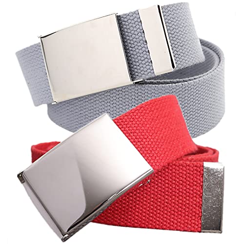 Baumwollgürtel für Herren und Damen aus Segeltuchgewebe, Größe bis zu 65 Zoll, mit Flip-Top, silberfarbener Militärschnalle, verstellbarem Taillenband im Armeestil, 2er-Pack von Generic
