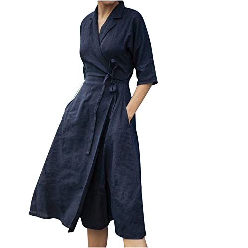 Baumwollkleid Damen Sommer Hemd Kleider Kurzarm Midi Freizeitkleid mit Schlitz Casualkleid Strandkleid Hemdkragen A-Linie Knielang Kleid Aus Leinen Damen Brautjungfernkleider Blau S-XXL von Generic