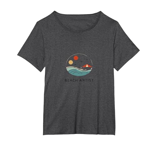 Beach Artist: Serene Coastal Scene Logo mit Regenschirm T-Shirt, Damen Große Größen, Anthrazit Meliert, 4X von Generic