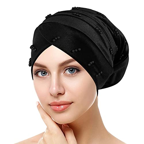 Beanie Damen Chemo Mützen Perlen Hijab Geflecht Kopfbedeckung Beanie Mütze Vorgebundene Haube Turban Knoten Mütze Kappe Hut für Frauen (Black, One Size) von Generic