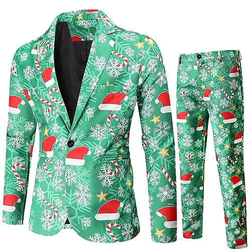 Bedruckte Anzug für Männer Santa Print Blazer Jacke Weste mit Hose Regular Fit Anzug für Weihnachten Party Performance Outfits (2pcs Green, L) von Generic
