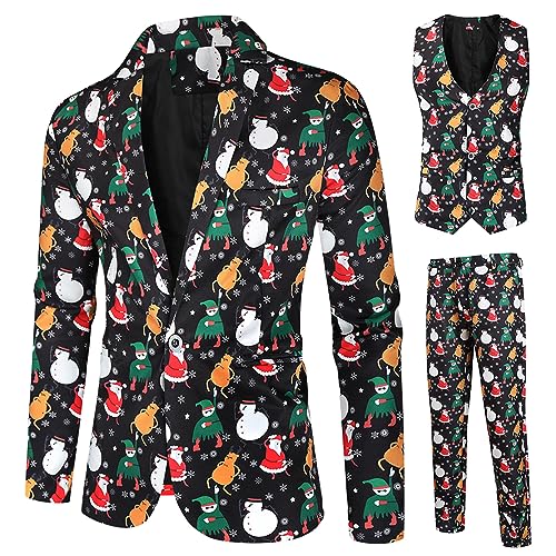 Bedruckte Anzug für Männer Santa Print Blazer Jacke Weste mit Hose Regular Fit Anzug für Weihnachten Party Performance Outfits (Black Snowman, M) von Generic