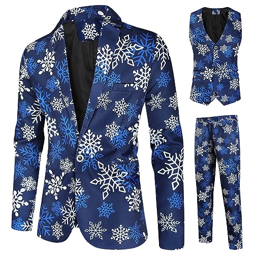 Bedruckte Anzug für Männer Santa Print Blazer Jacke Weste mit Hose Regular Fit Anzug für Weihnachten Party Performance Outfits (Blue Snowflake, XXXL) von Generic