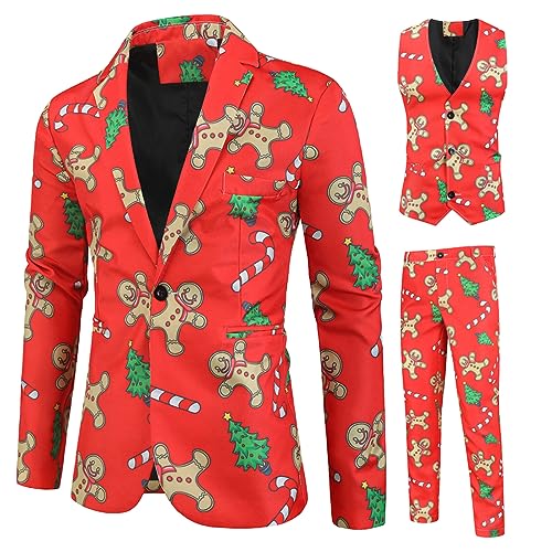 Bedruckte Anzug für Männer Santa Print Blazer Jacke Weste mit Hose Regular Fit Anzug für Weihnachten Party Performance Outfits (Red Gingerbread Man, L) von Generic