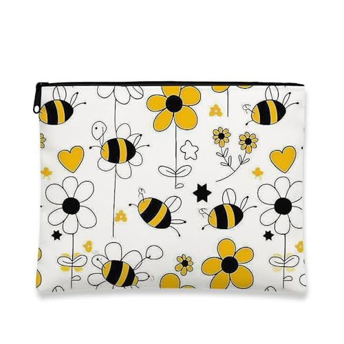 Bee Make-up-Tasche, gelbe Blumen, niedliche Kosmetiktasche für Damen, tragbare kleine Canvas-Reißverschlusstasche, Alltagsgeschenk, Hautpflege, Kulturbeutel Organizer, Weiss/opulenter Garten, 7x9 Inch von Generic