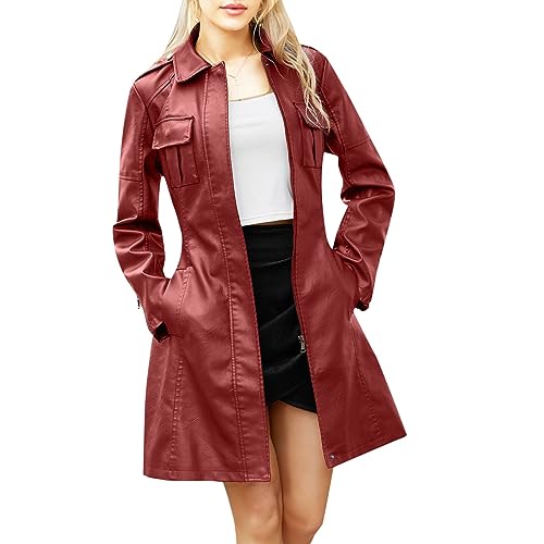 Beheizte Damenjacke - Lederjacke mittellange Damen mit Gürtel und Mantel Britischer Windbreaker Leder Langarm New Look Wintermantel, rot, 38 von Generic