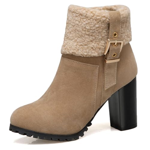 Beige,35 EU,Damen-Stiefeletten aus Wildleder im Retro-Stil, modischer Reißverschluss, klobiger Blockabsatz, runde Zehenpartie, Herbststiefeletten mit Absatz und Gürtelschnalle, Abendschuhe von Generic