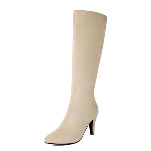 Beige,37 EU,Damen-Stiefel mit Kitten Heel, Kniehohe Stiefel, seitlicher Reißverschluss, hohe Stiefel, Spitze Zehenpartie, Stiletto-Absätze, modische Wildlederschuhe für Abschlussbälle von Generic