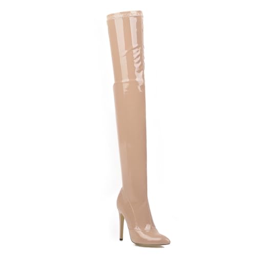 Beige,39 EU,Overknee-Stiefel für Damen, 11,4 cm, Stilettos, High Heels, Lackleder, PU, Lange Spitze Zehenpartie, hohe Stiefel, Abendschuhe von Generic