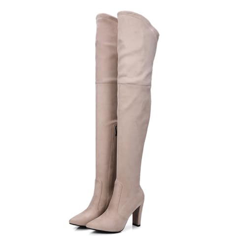 Beige,40 EU,Overknee-Stiefel für Damen mit Blockabsatz, elastischem Kunstwildleder, Lange Stiefel mit spitzer Zehenpartie und seitlichem Reißverschluss, hohe Stiefel für den Winter und Herbst von Generic