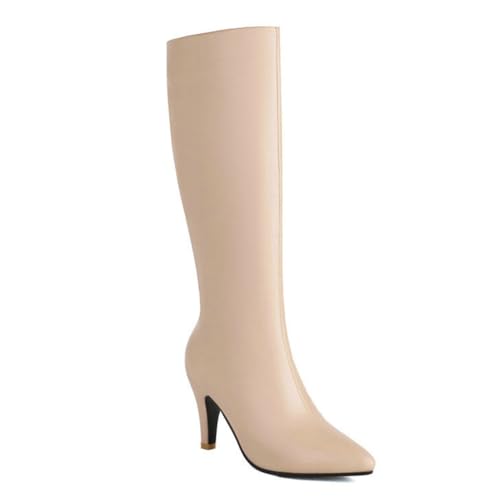 Beige,43 EU,Damen Kniehohe Stiefel mit Kätzchenabsatz, spitzer Zehenbereich, Kunstleder, Lange Stiefel, Stiletto, seitlicher Reißverschluss, lässiger hoher Stiefel, Herbst-Winter-Abendschuhe von Generic