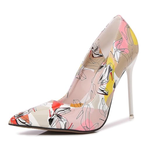 Beige,43 EU,Damen-Pumps mit hohen Absätzen, spitzer geschlossener Zehenpartie, Stilettoabsatz, Bedruckt, Farbblock-Schlupfpumps, Brautparty, Kleid, Abend, Hochzeitsschuhe von Generic