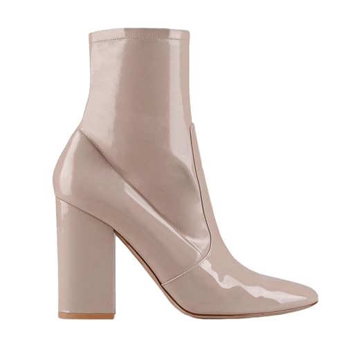 Beige,43 EU,Damen-Stiefeletten mit Blockabsatz, spitzer Zehenbereich, Kurze Stiefel, Blockabsatz mit seitlichem Reißverschluss, Kleiderschuhe für Abendveranstaltungen von Generic