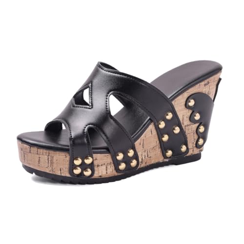 Bequeme Sommer-Plateau-Keilsandalen für Damen, Keilabsatz-Sandalen aus veganem Leder mit Nieten (Black,36) von Generic