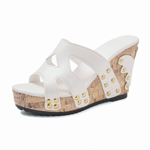 Bequeme Sommer-Plateau-Keilsandalen für Damen, Keilabsatz-Sandalen aus veganem Leder mit Nieten (White,36) von Generic
