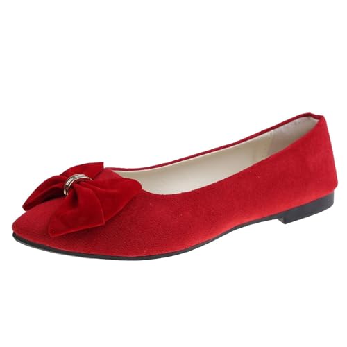 Bequemschuhe Damen Spring Summer and Autumn Lightweight Suede Pointed Shallow Mouth Soft Bottom Bow Single Daily Dating Commuting Large Size Ballet Shoes Flat Shoes Frauen Schuhe (Red, 42) von Generic