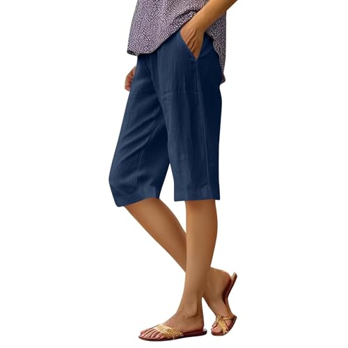 Bermuda Shorts Damen Knielang Weite Leinenshorts Musselin Kurze Hose High Waist Baggy Damenshorts Leichte Atmungsaktiv Strandshorts Sommer Lockere Passform Leinenshorts Mit Kordelzug und Taschen von Generic