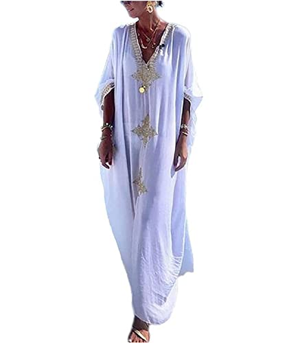 Bestickte Kaftan-Kleider für Damen, kurze Ärmel, Sommer-Vertuschung, Strand, Kaftan-Kleid, Bikini, Badeanzug, Cover Up, Weiß-1, Einheitsgröße von Generic