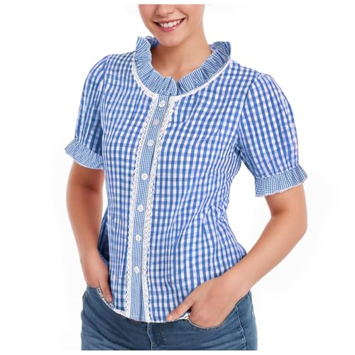 Bierfest Damen Trachtenblusen Trachtenbluse Damen Karierte Bluse Kurzarmhemd Damen Oktoberfest Hemd Mit Knopfverzierung Trachten Bierfest Tradition Kurzarm Bluse mit Rundhalsausschnitt (Blue-B, XXXL) von Generic