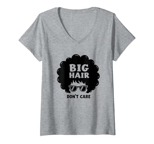 Big Hair Don't Care Retro Afro Sonnenbrille Grafik T-Shirt mit V-Ausschnitt, Damen, Grau Meliert, XXL von Generic