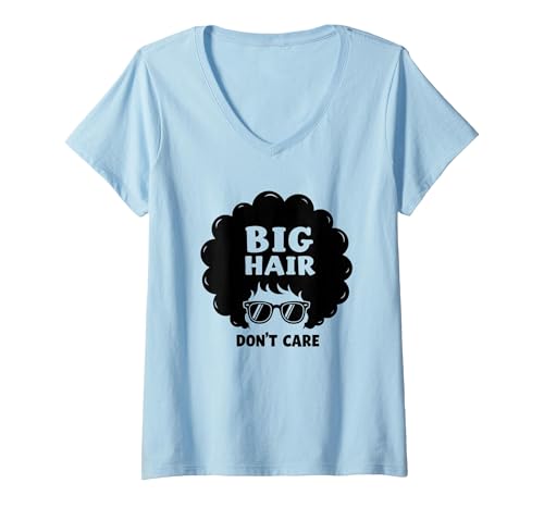 Big Hair Don't Care Retro Afro Sonnenbrille Grafik T-Shirt mit V-Ausschnitt, Damen, Himmelblau, S von Generic