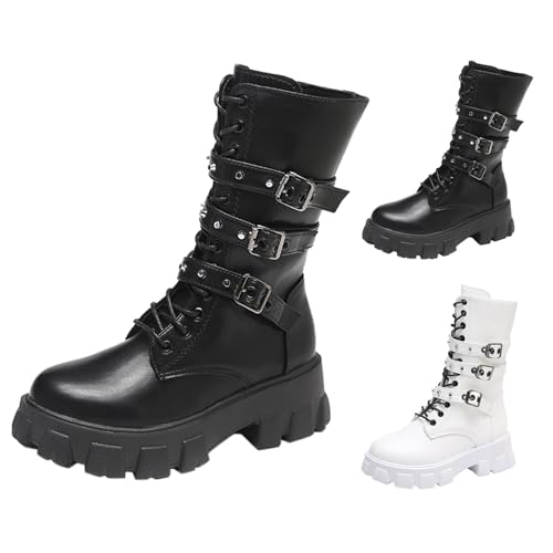 Biker Boots Damen Schwarz, Gothic Punk Stiefeletten Plateau Stiefel Damen PU-Leder Schnürboots Damen Schnalle Langschaft Ankle Boots Winter Schnürstiefel Rutschfeste Winterstiefel von Generic