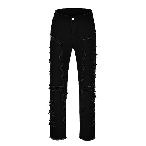 Biker Jeans Herren - Kreative Quasten Dekoration Straight Fit Jeans Männer Casual Medium Stretch Street Style Denim Hosen für alle Jahreszeiten Casual Jeans Skinny Ripped Hip Hop Hose von Generic