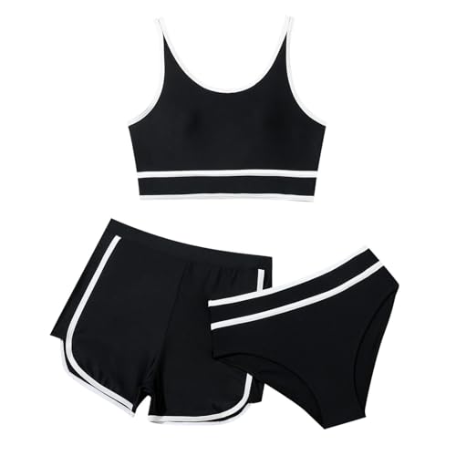 Bikini Badeanzüge für Mädchen,Kinder 3-teiliges Bikini-Set mit Shorts,Sommer Sport Badeanzug,Bikini Top+Shorts +Slips Kinder Badebekleidung,Schwimmanzug für 8-14 Jahre (#07 Schwarz, 13-14 Jahre) von Generic