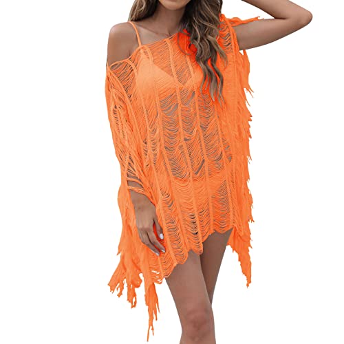 Bikini Cover Up Damen Fransen Lochmuster Mini Strandkleid Sommer Sexy Cutout Beach Crochet Cover Up Sexy Outfit für Damen von Generic