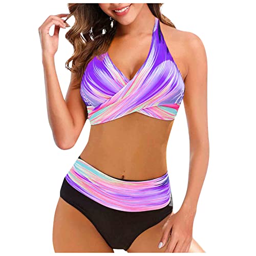 Bikini Damen, Swimsuits for Women Bikinis Große Größen Triangel Bikini High Waist Bauchweg Neckholder Bikini Sexy Push Up Summer Bademode V Ausschnitt Überkreuztes Bikini (A05,L) von Generic