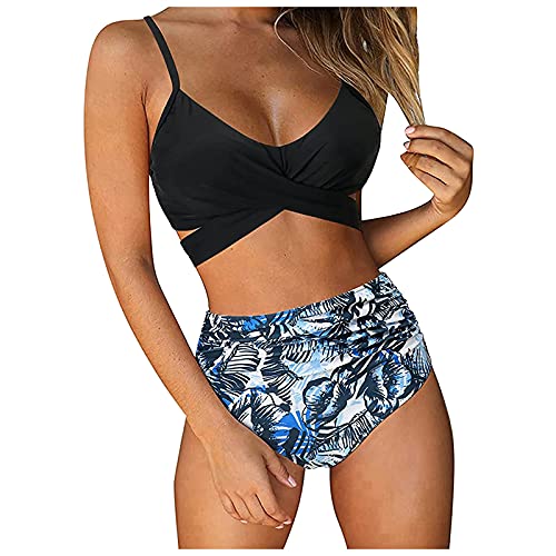 Bikini Damen Bauchweg, Damen Badeanzüge Elegantes Zweiteiliger Bikini Set V Ausschnitt Blumen Front Cross Push Up Lace Up High Waist Bademode Strandmode Swimsuit for Women Summer 2025 Blue S von Generic