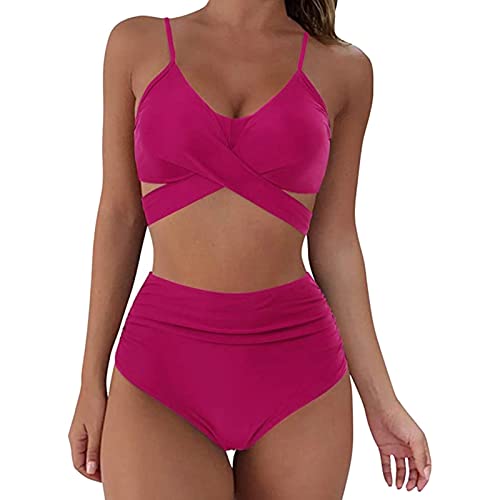 Bikini Damen Bauchweg Push up Zweiteiliger Badeanzug Verstellbar Wickeloptik Bustier High Waist Bikini Bademode Zurück Ties-up Bikini Set Zweiteilige Strandbikini Swimsuit für Große Brüste (Wine, XXL) von Generic