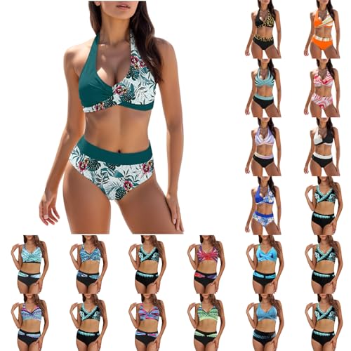 Bikini Damen Bauchweg Zweiteiliger V Ausschnitt - Zweiteiliger Badeanzug überkreuztes Blumenmuster Bademode Bauchkontrolle Bikini Oberteil + Bikinihose Damen Sets Swimwear Badebekleidung von Generic